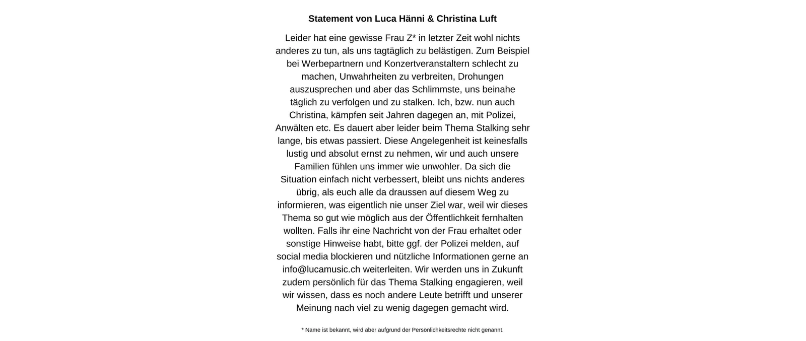 Luca Hänni - Stellungnahme Stalker