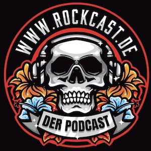 Rockcast-Logo mit Totenkopf, Kopfhörern, Blumen und Schriftzug