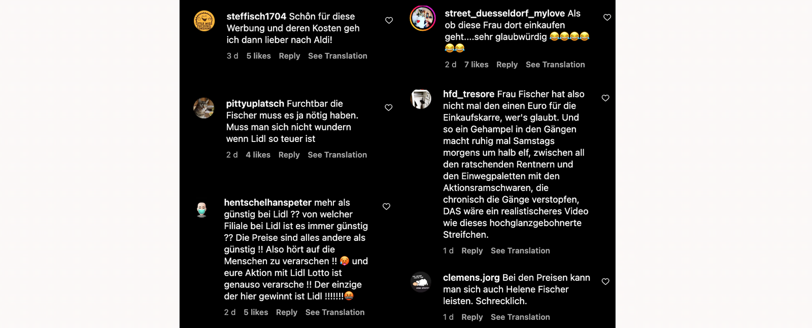 Lidl - Kommentarfeld Helene Fischer-Werbespot