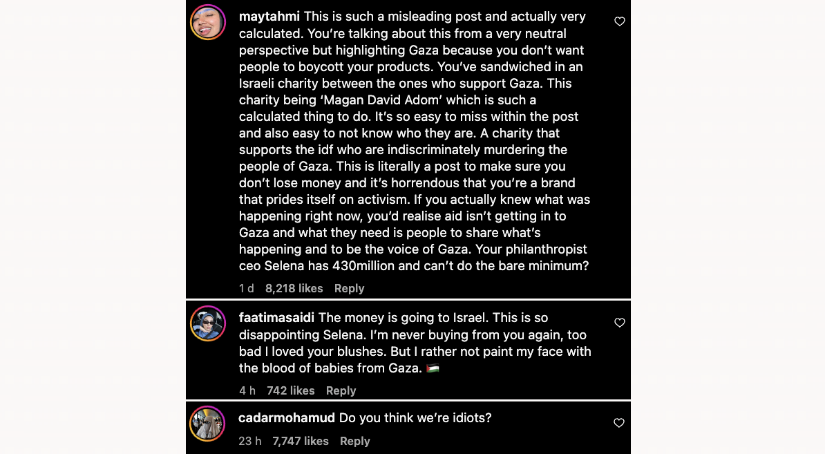 Rare Beauty - Instagram Kommentar Israel- Selena Gomez