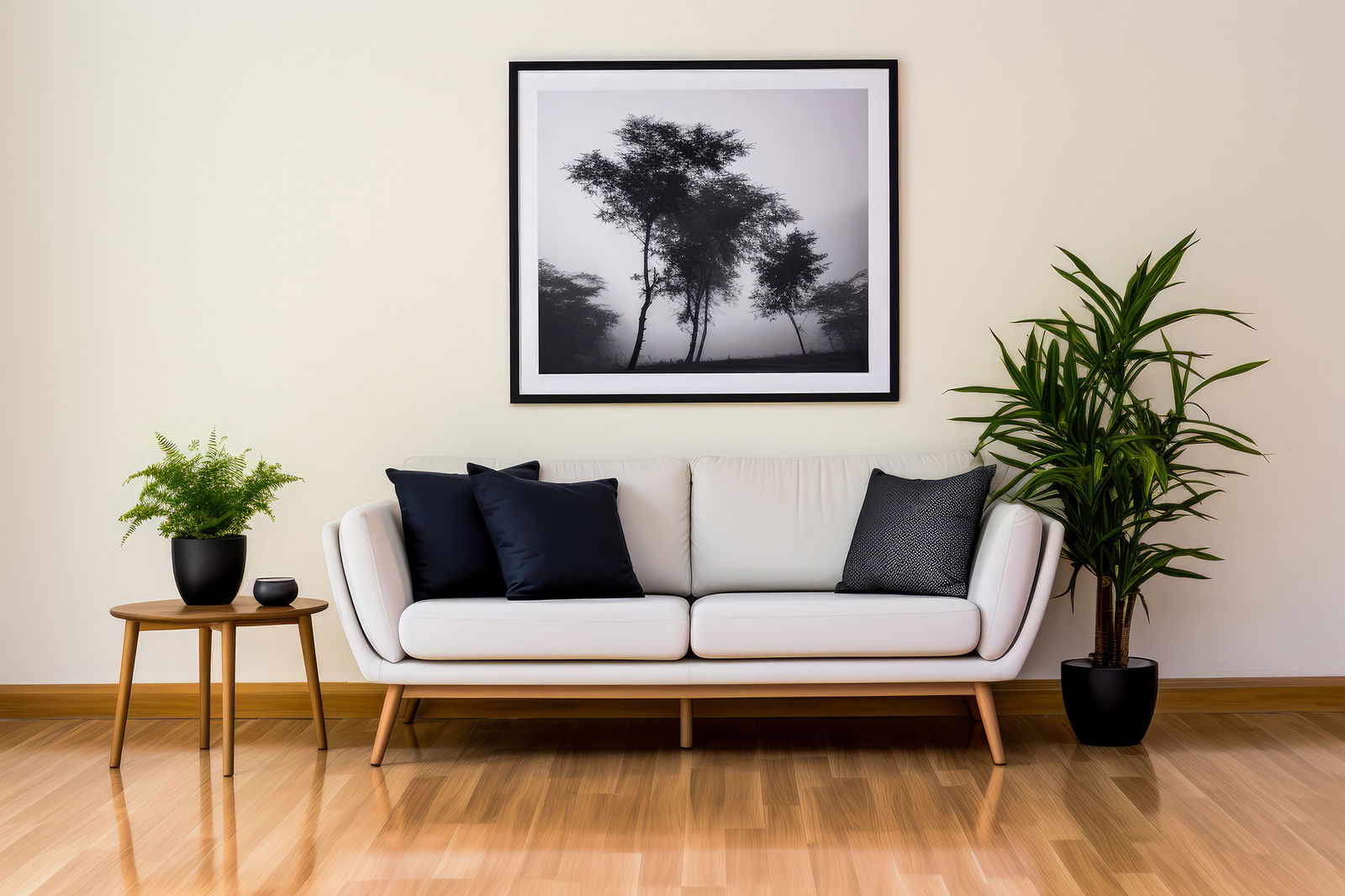Stylische Sitzcouch mit Bild und Topfpflanzen