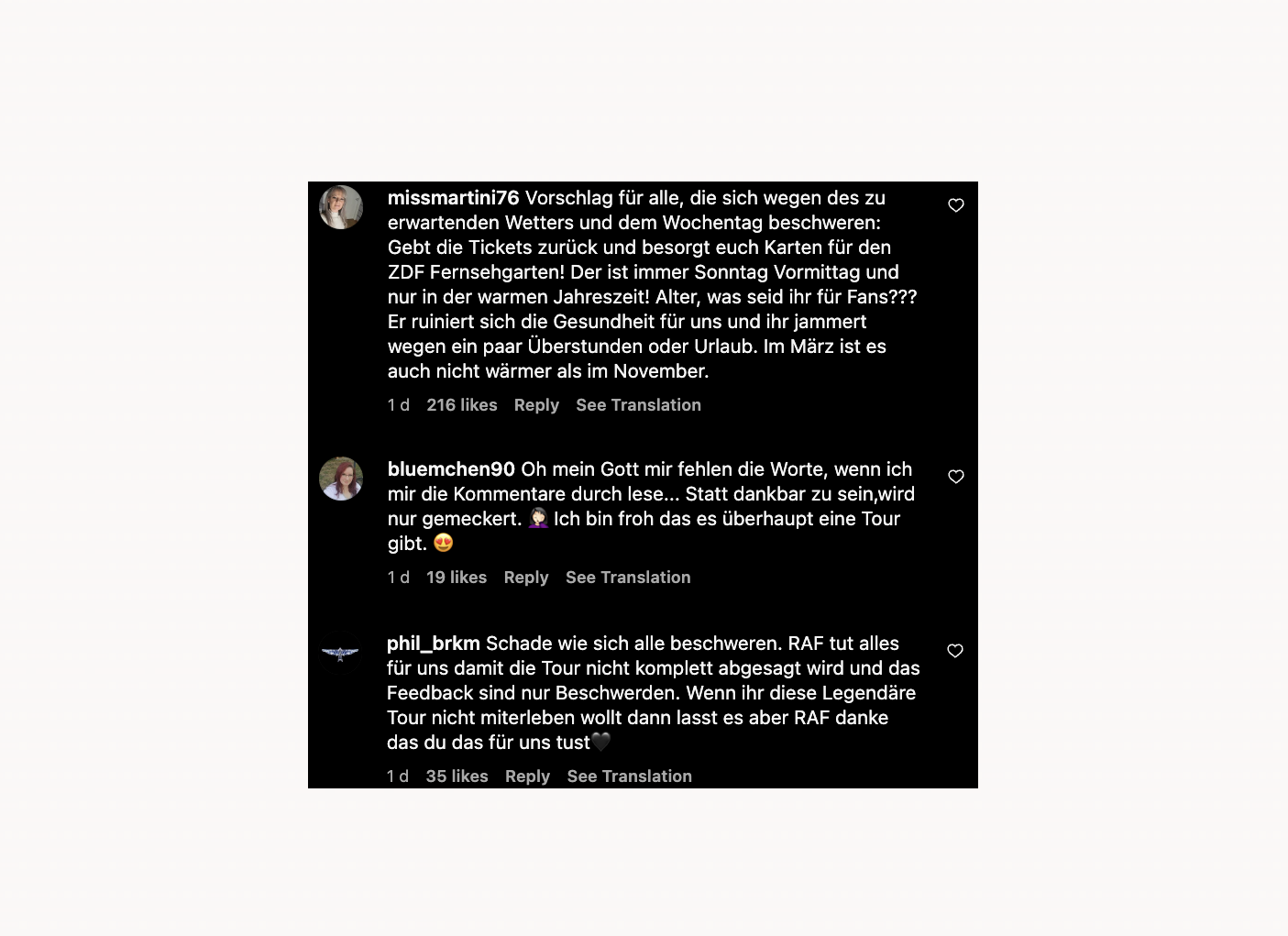 RAF Camora - Insta Tour positive Kommentare