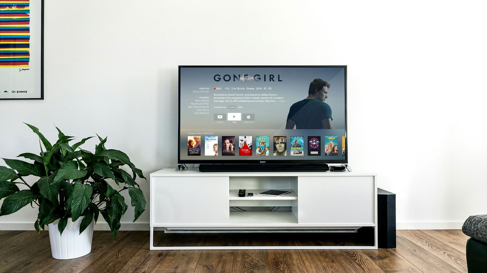 Smart TV mit Streaming Angebot, daneben eine Pflanze