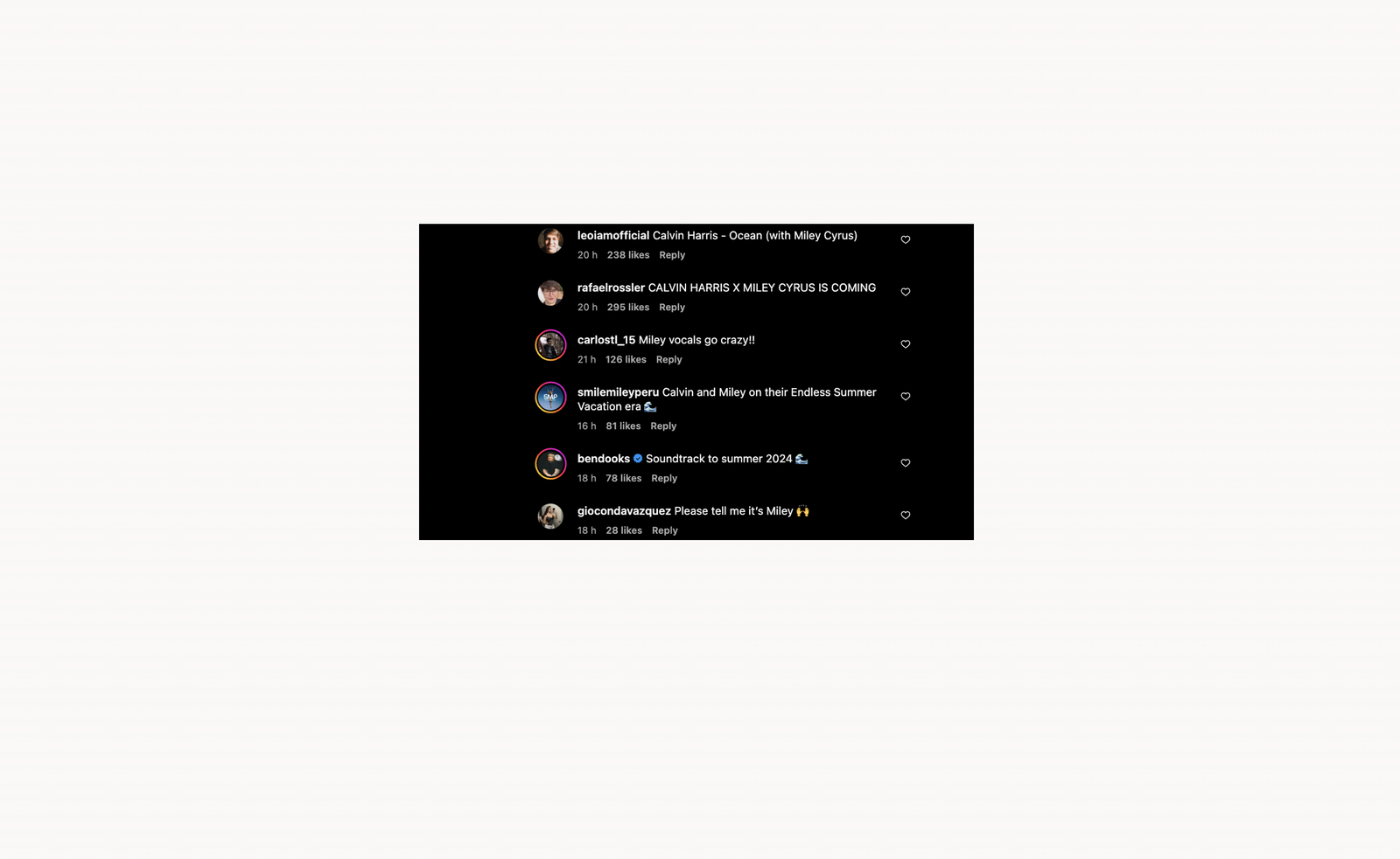 Calvin Harris - Instagram Kommentarfeld Ocean Miley