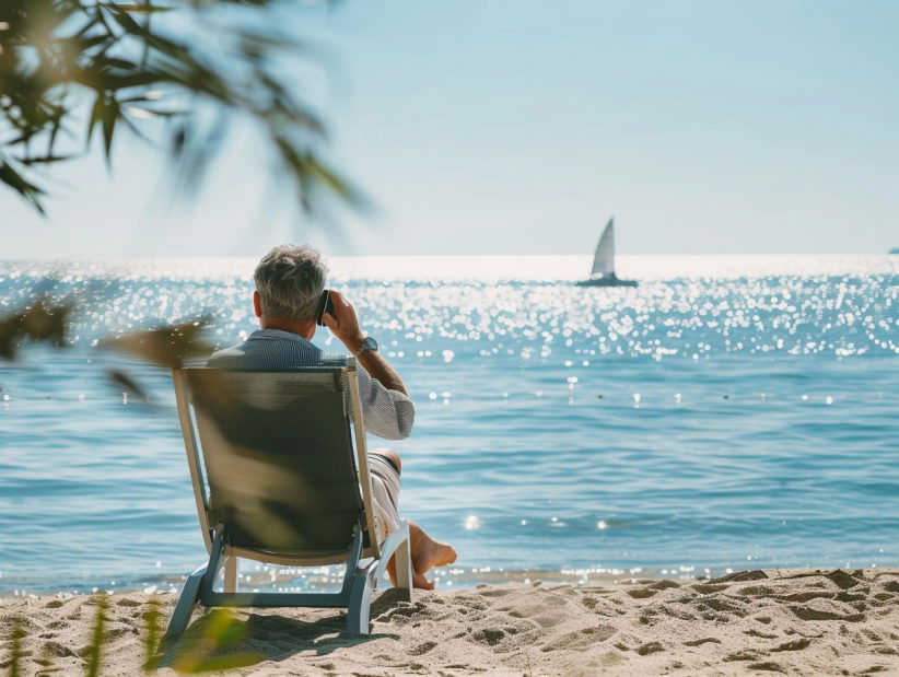 Mann auf Sonnenliege am Strand telefoniert