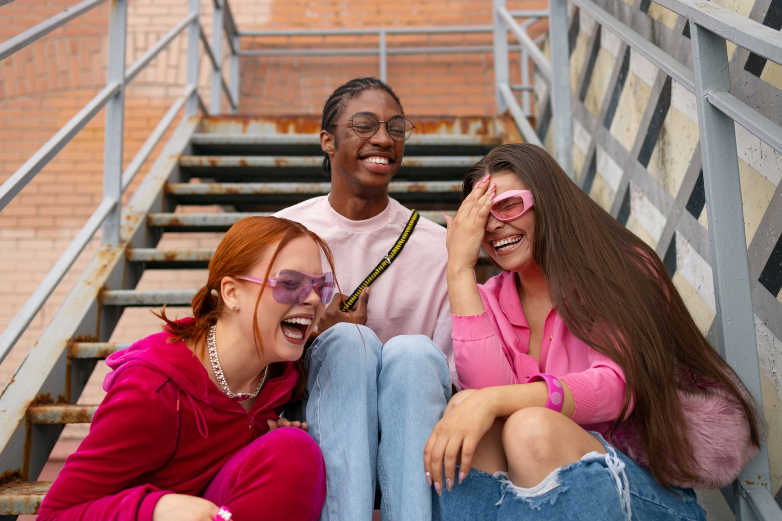 Jugendliche Clique sitzt auf einer Treppe und lacht 