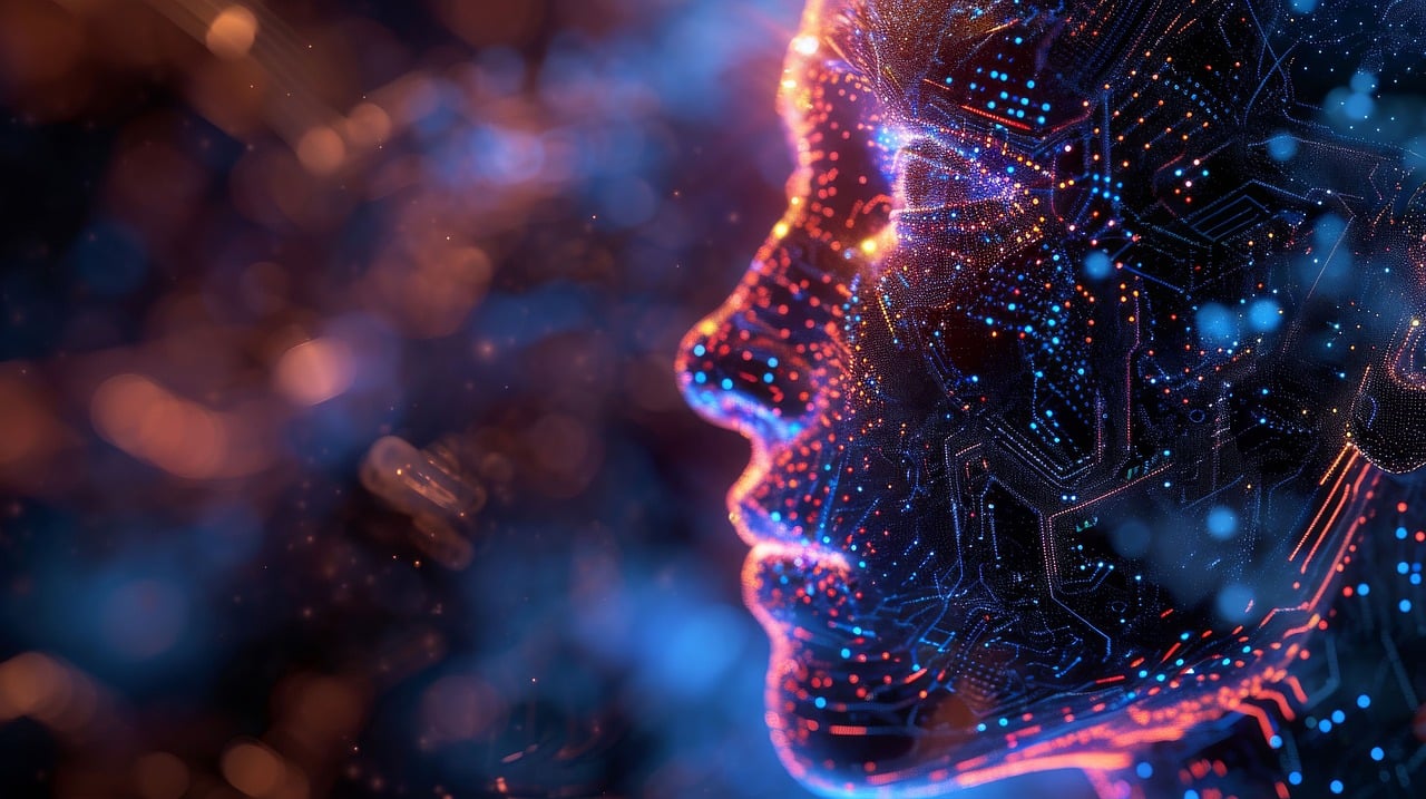 KI generiertes Bild eines elektronisch anmutenden menschlichen Kopfes