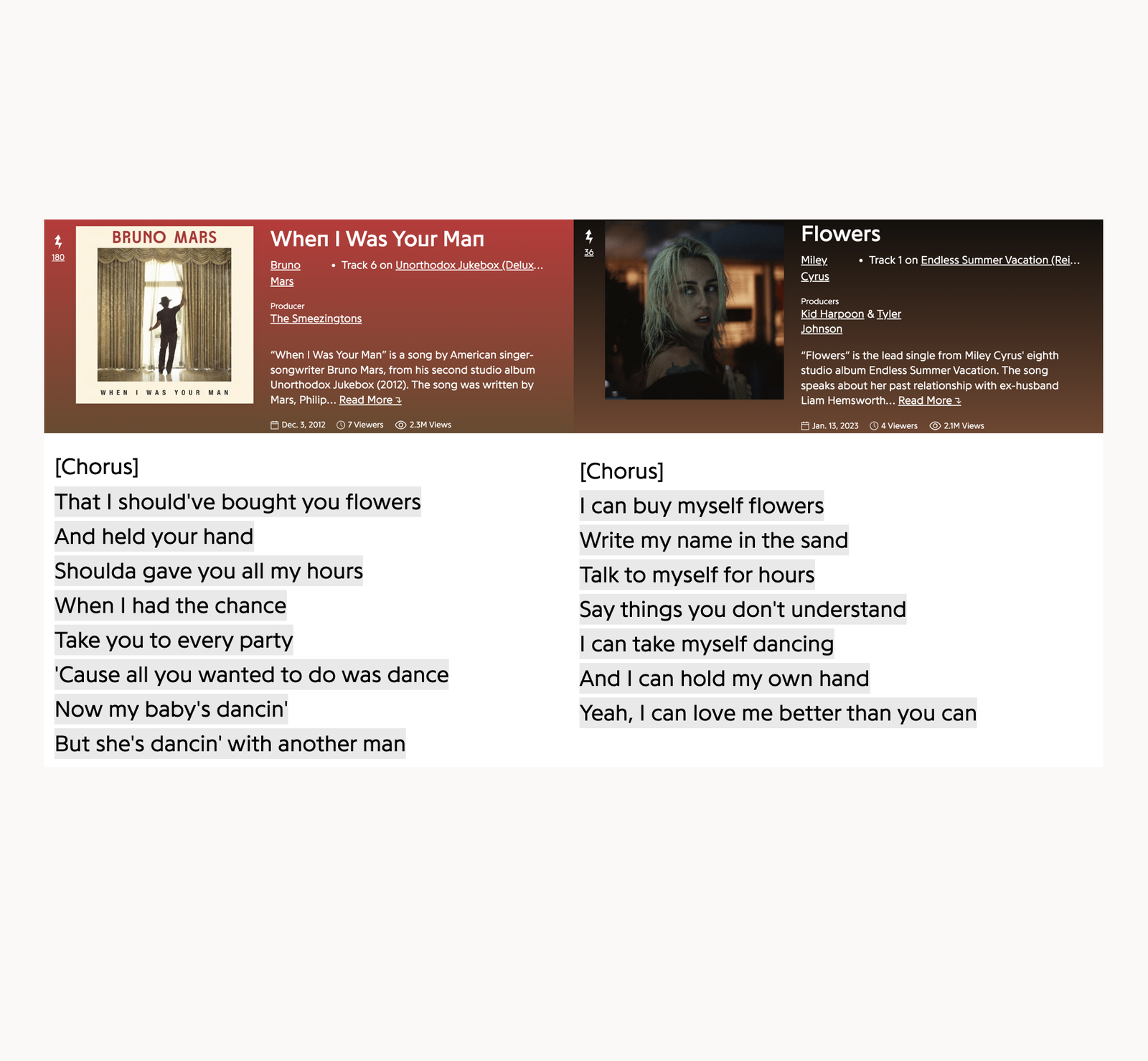 Miley Cyrus x Burno Mars - genius LYRICS Vergleich