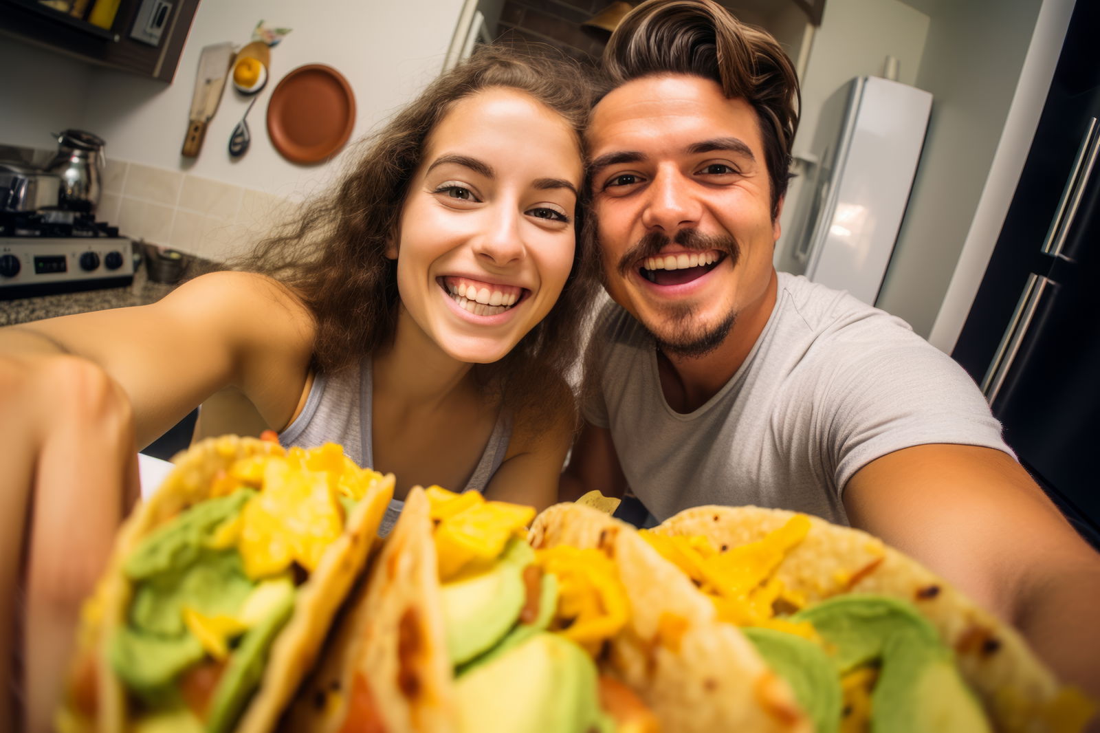 Ein junges Paar lacht in die Kamera und hält Tacos vor die Linse 