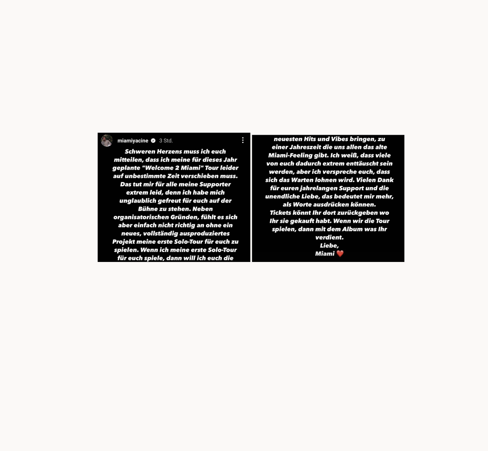 Miami Yacine - Absage Tour Instagram