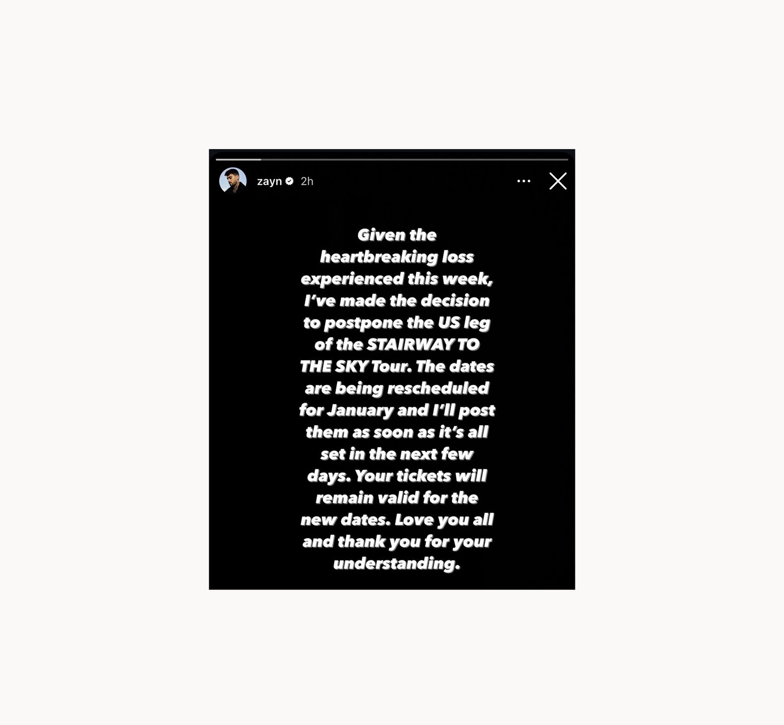 Zayn Malik - Tourabsage Instagram