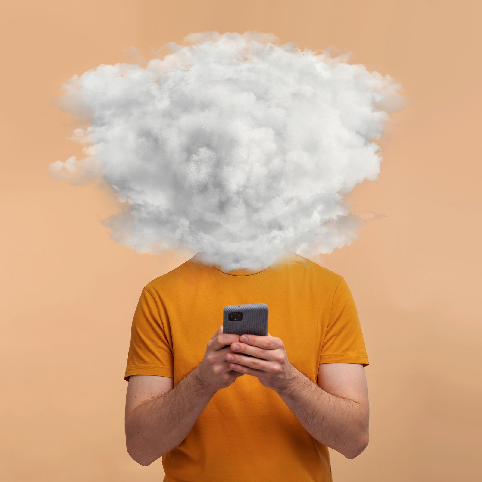 Ein Mann hat den Kopf in den Wolken und negaive Gedanken und Emotionen 