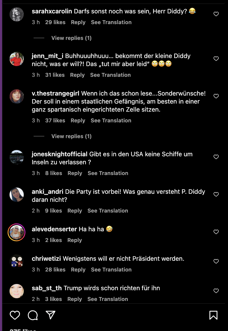 P. Diddy Privatinsel statt Knast Kommentare Instagram STERN