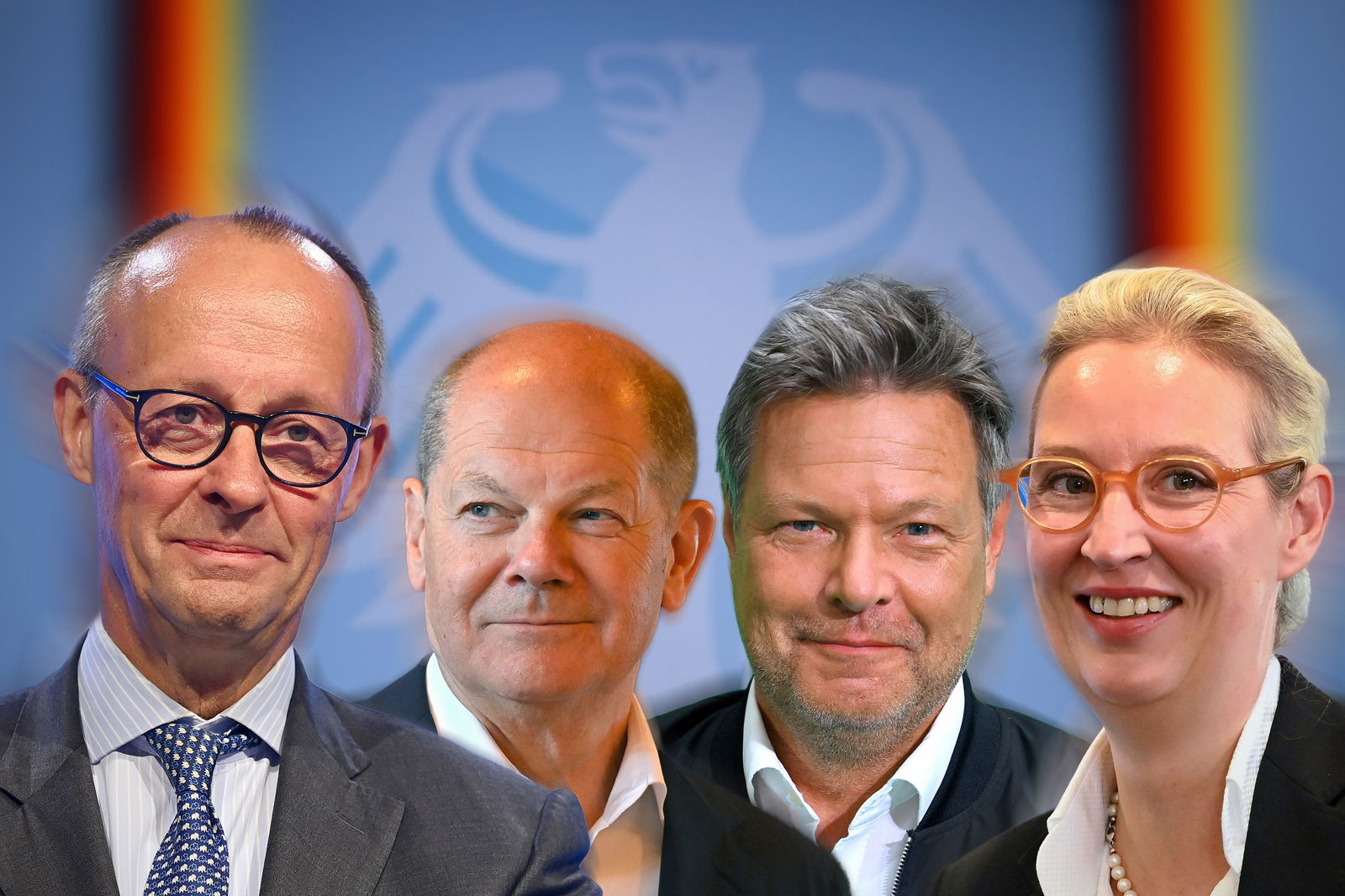 Die Kanzlerkandidaten für 2025. V.l.n.r. Merz, Scholz, Habeck, Weidel