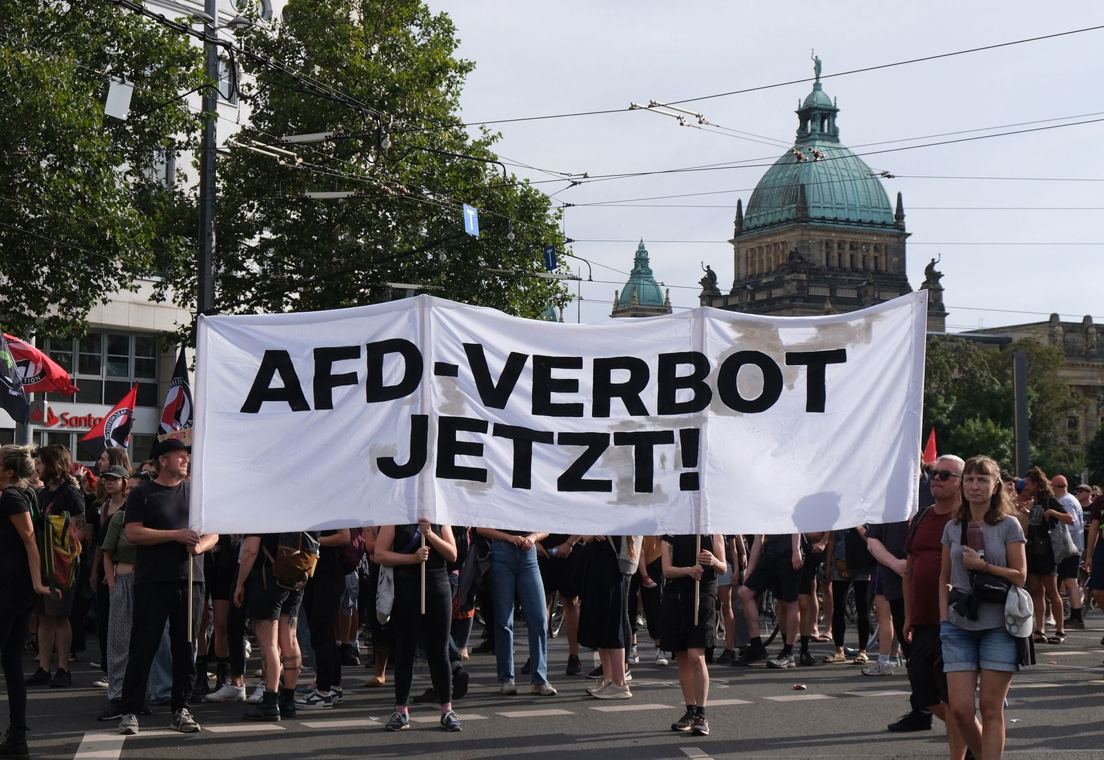 Bei einer Demonstration in Leipzig im August 2024 fordern Teilnehmer ein AfD-Verbot. (Archivbild)