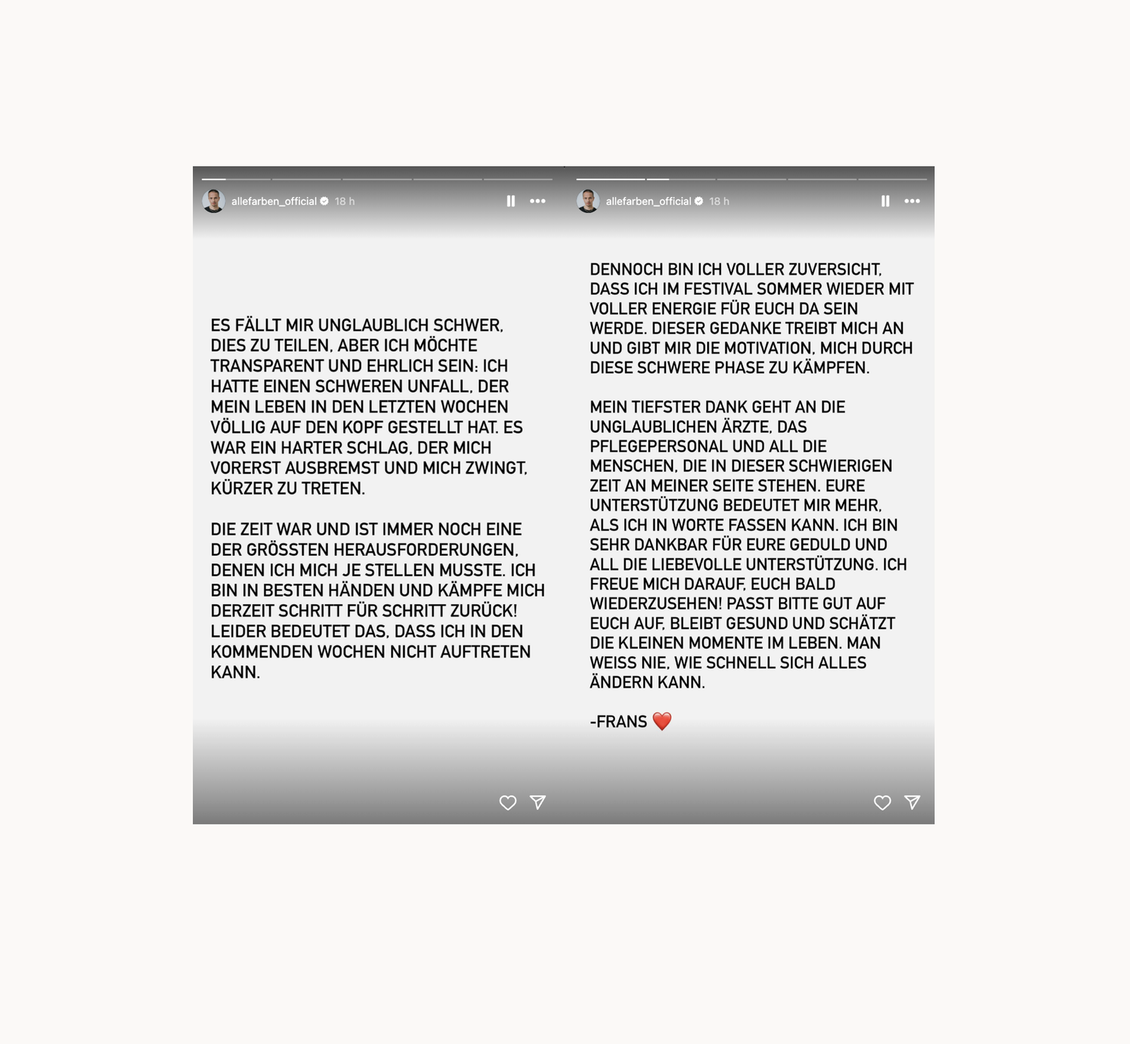 Alle Farben - schwerer Unfall - Instagram Story