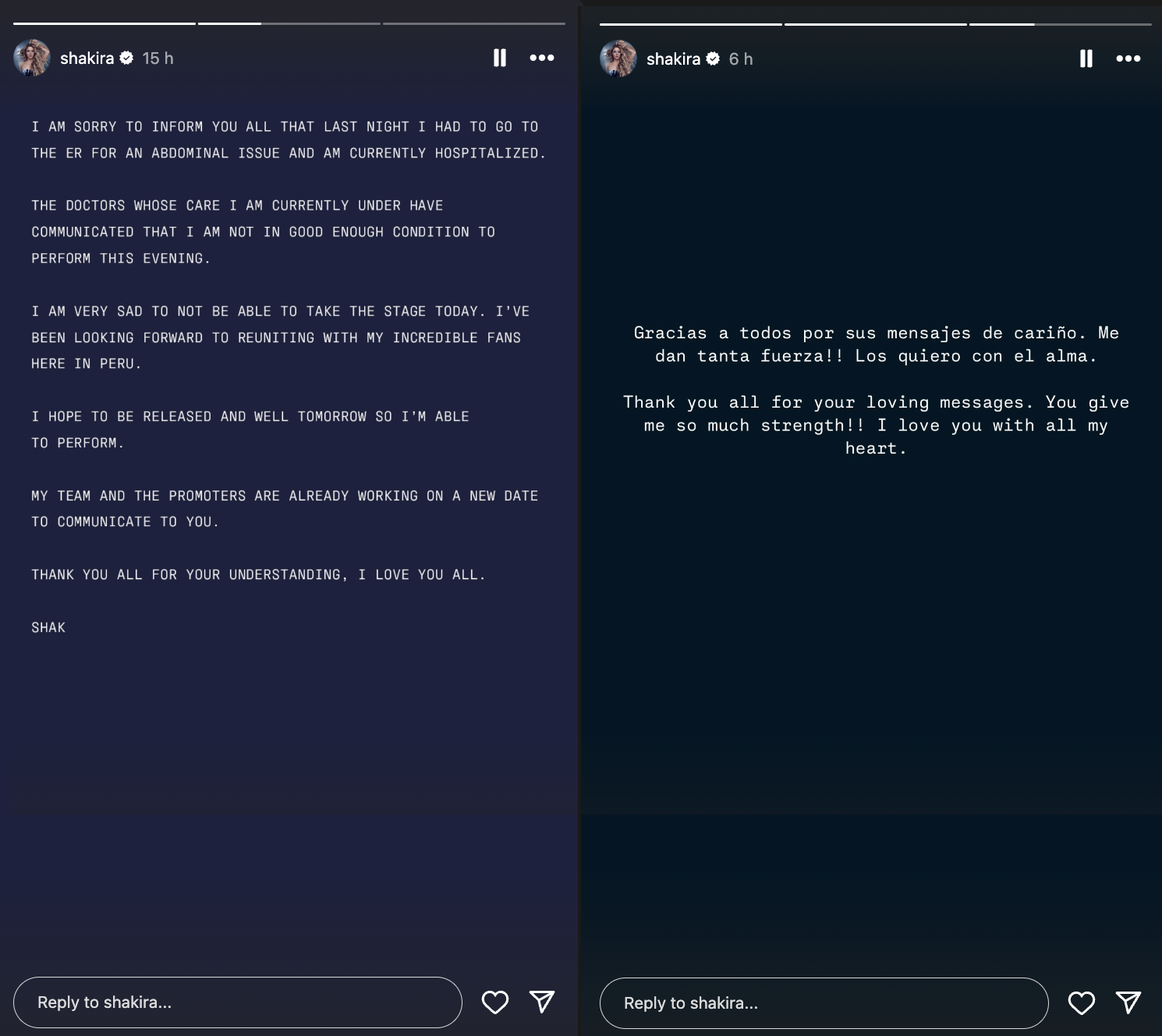 Shakira - Krankenhaus Instagram