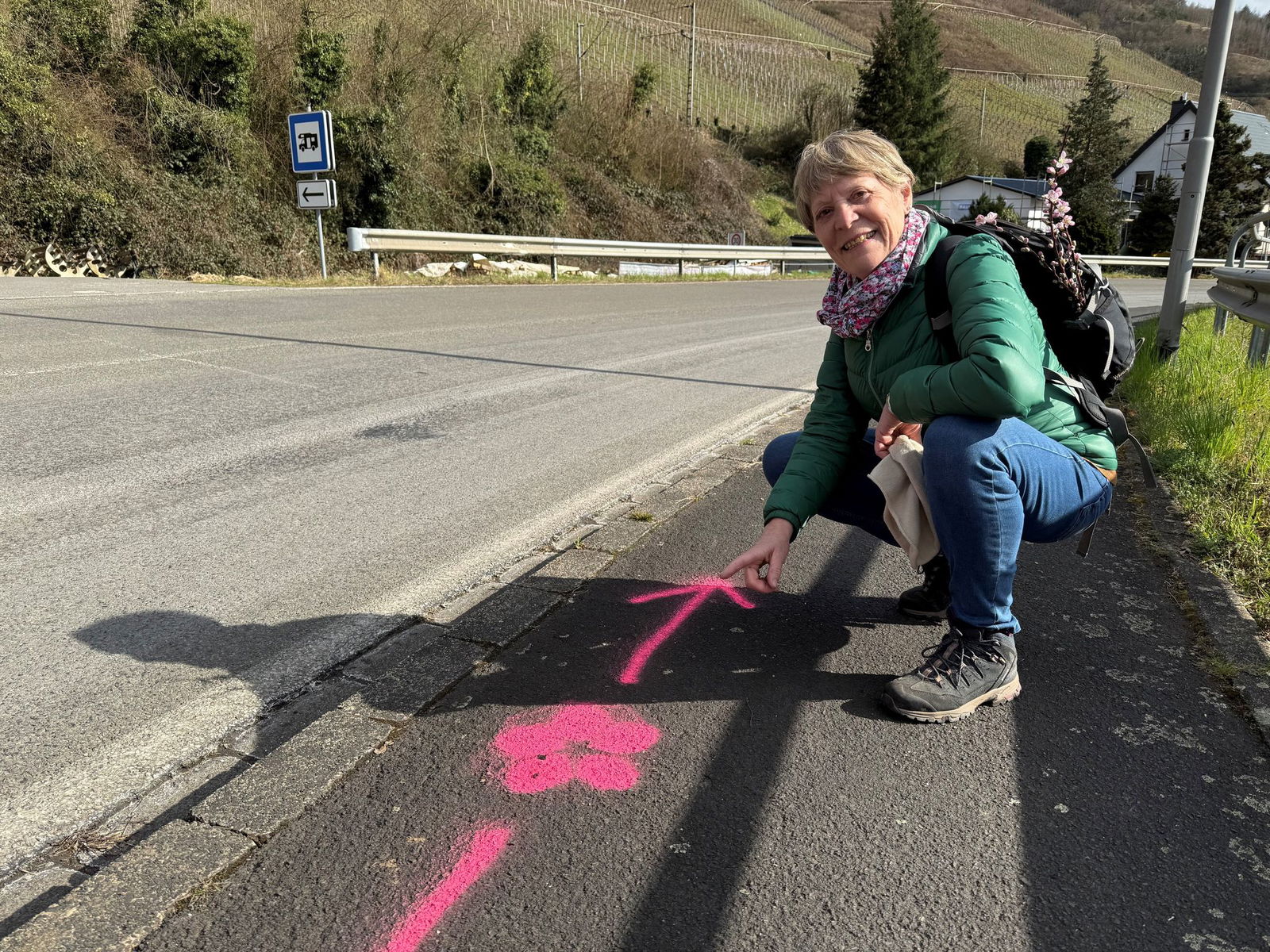 Eine pink aufgesprühte Blüte zeigt den Weg des neuen Wanderwegs.