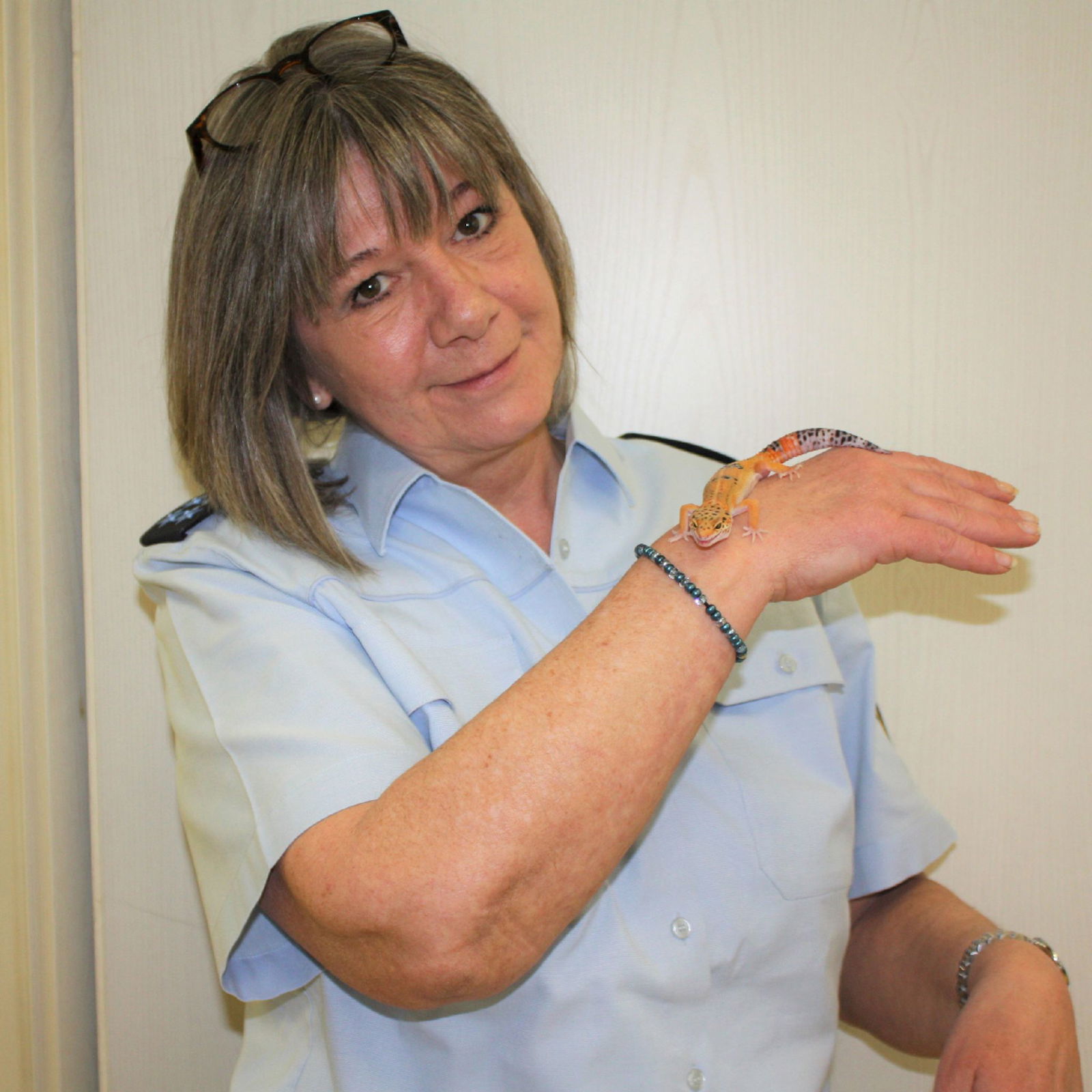 Eine Polizeibeamtin zeigt den Leopardengecko. 