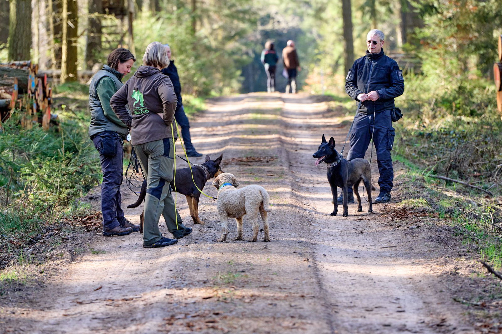 Erfahrene Hundeführer beim Eignungstest für die Ausbildung als Wildschweinkadaver-Spürhund. 