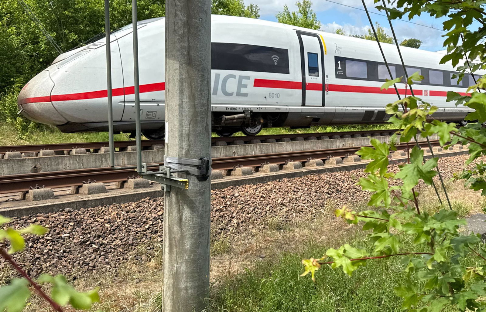 Ein ICE passiert einen Mast, an dem ein Wildwarner angebracht ist. 