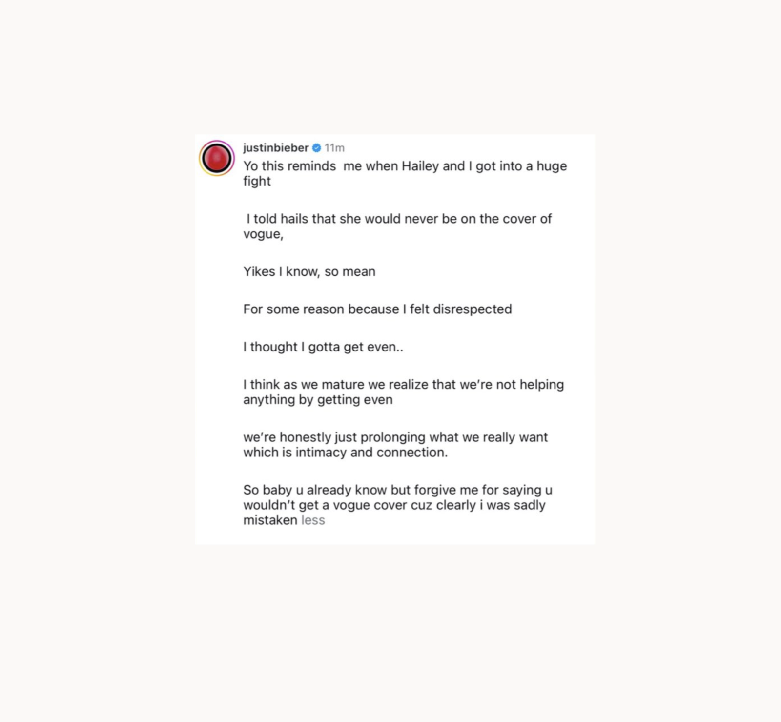 Justin Bieber - Vogue Unterschrift auf Instagram Cover