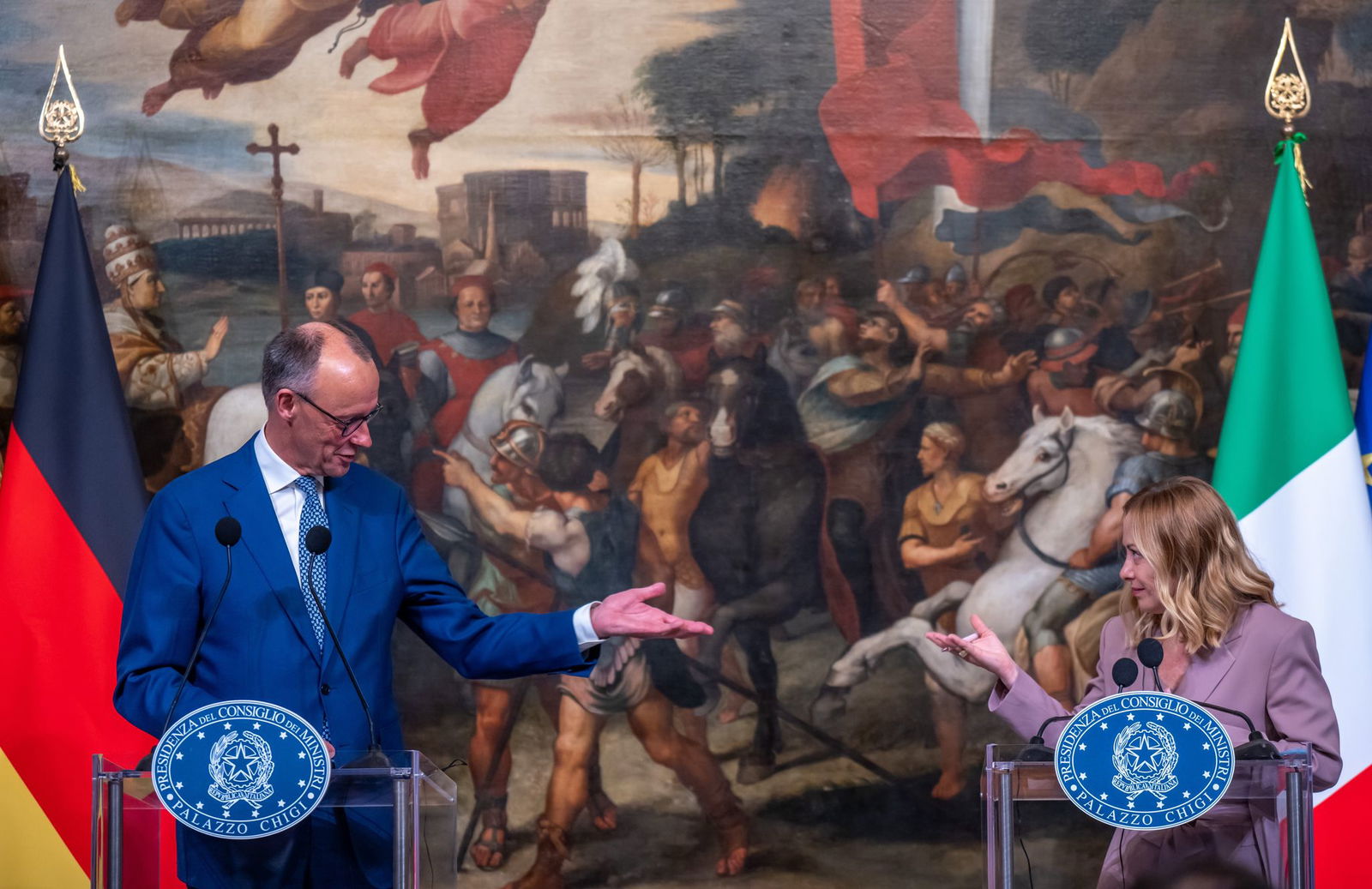 Bundeskanzler Friedrich Merz (CDU) und Italiens rechte Ministerpräsidentin Giorgia Meloni.