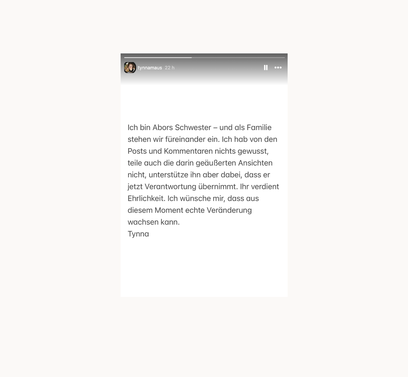 Tynna - Instagram Stellungnahme nach Kommentaren von Abor