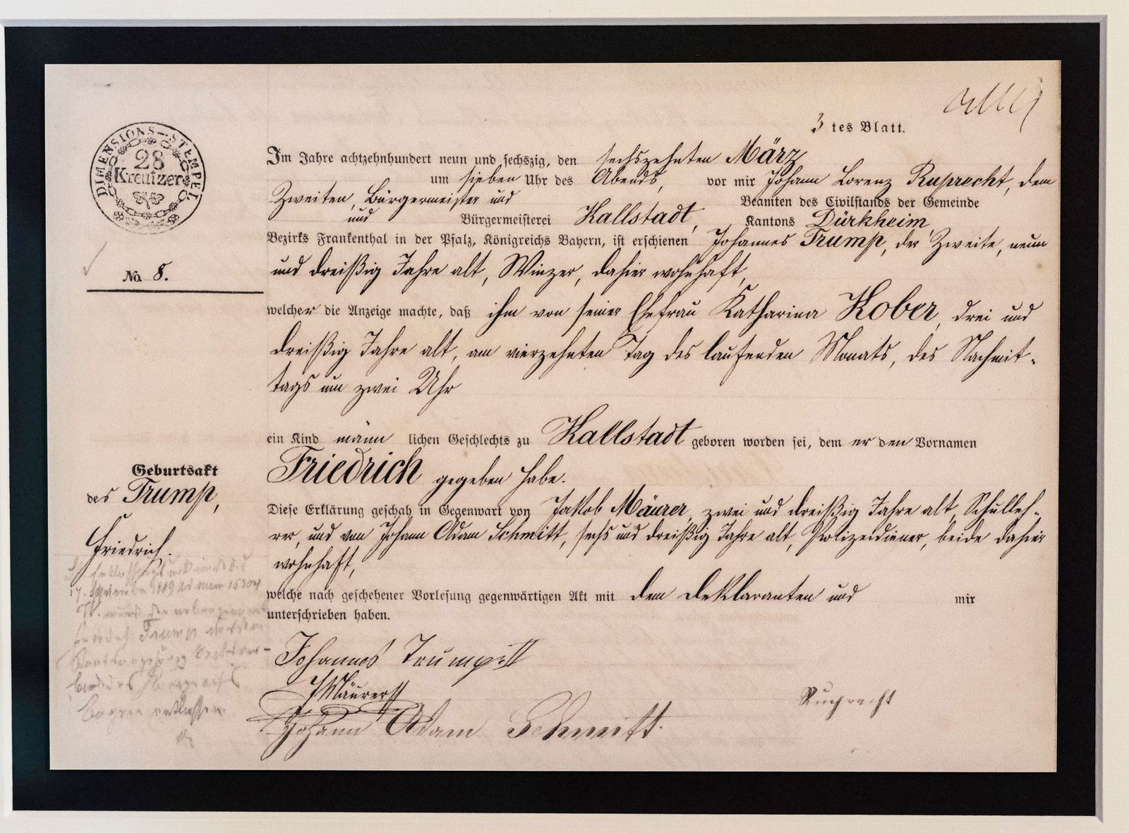 Das Faksimile der Geburtsurkunde von Trumps Großvater, der in der Pfalz zur Welt kam.