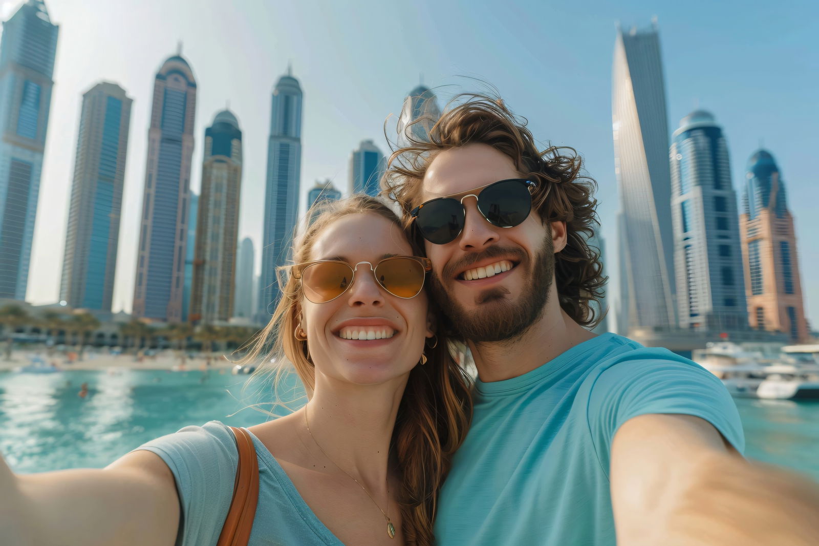 Ein junges Paar macht ein Selfie vor moderner Hochhauskulisse in Dubai. Im Hintergrund sind Wasser, Strand und Wolkenkratzer zu sehen.