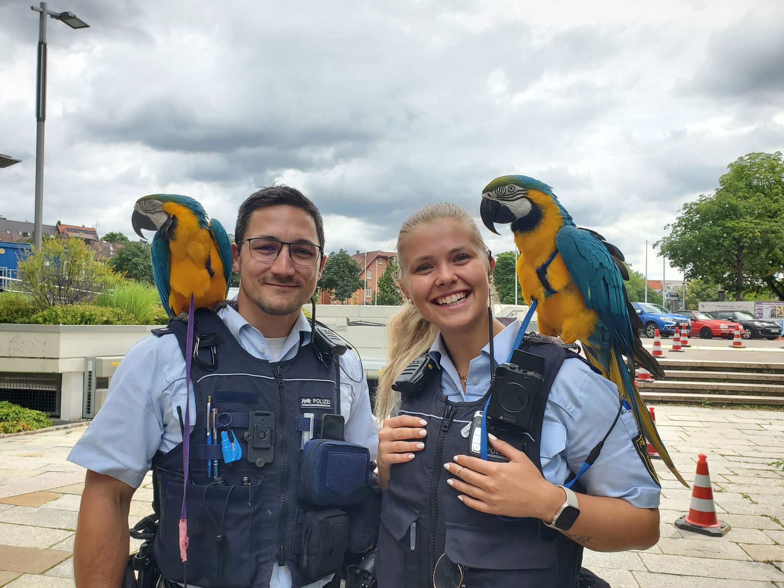 Bunte Gesellschaft: Polizisten haben in Böblingen kurzerhand auf Gelbbrustaras aufgepasst.