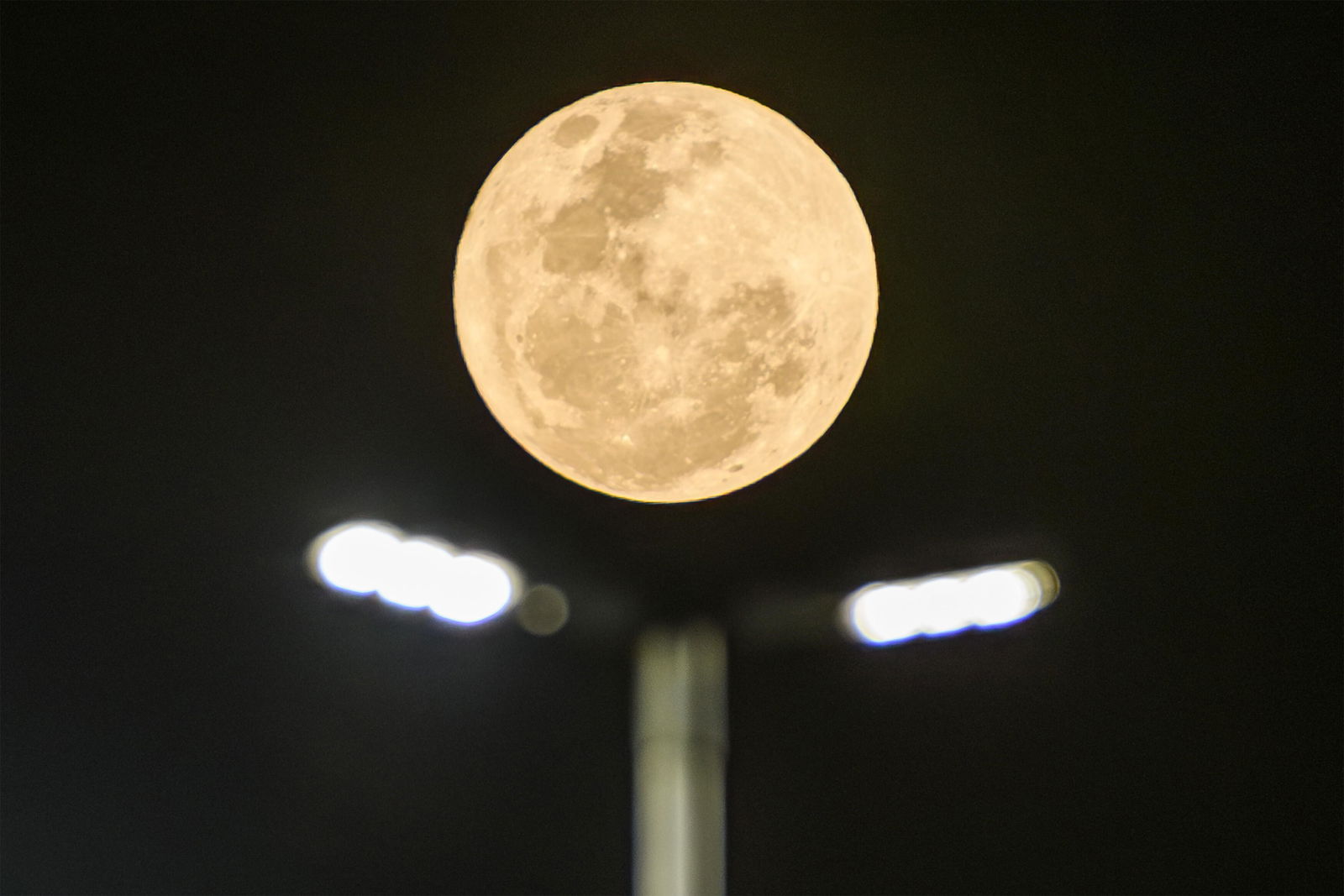Straßenlaterne im Vordergrund und Vollmond im Hintergrund
