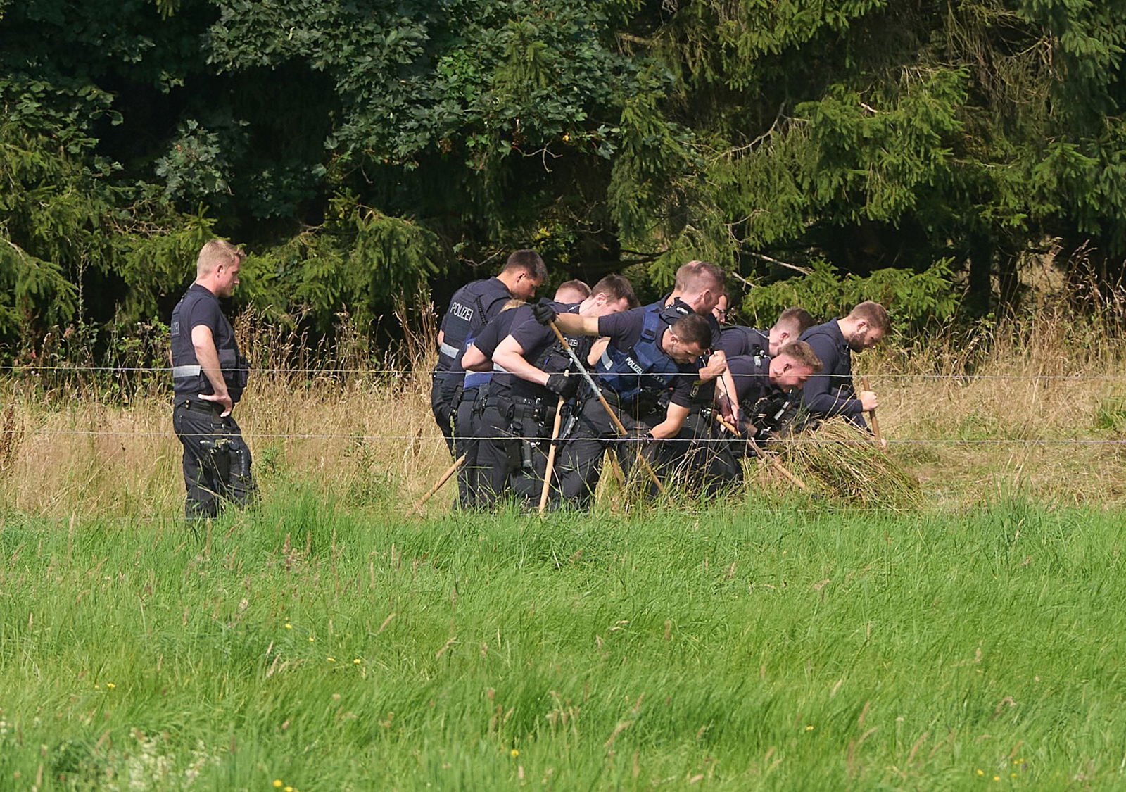 Polizisten durchsuchen ein Gebiet nach dem Fund einer Leiche nach Spuren und Hinweisen. 