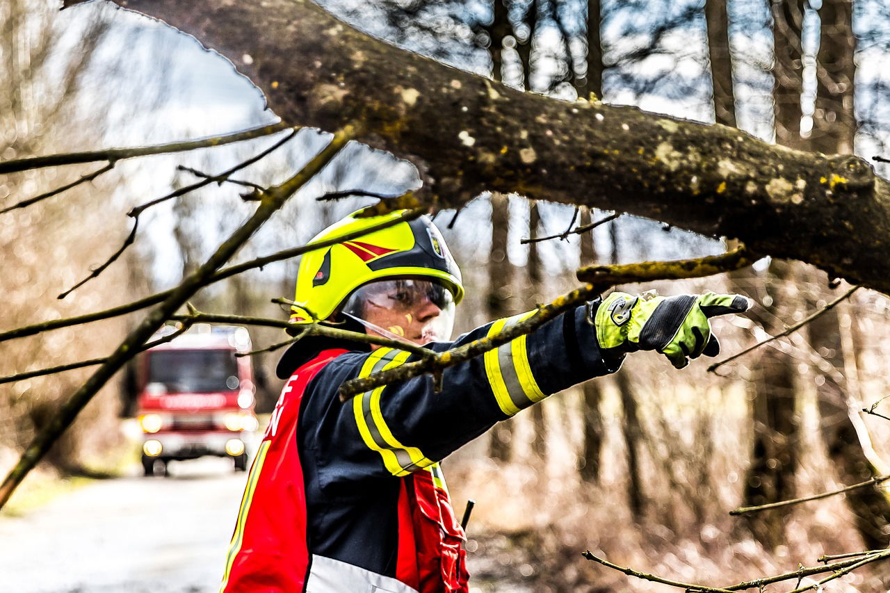 Feuerwehrmann hinter umgestürztem Baum