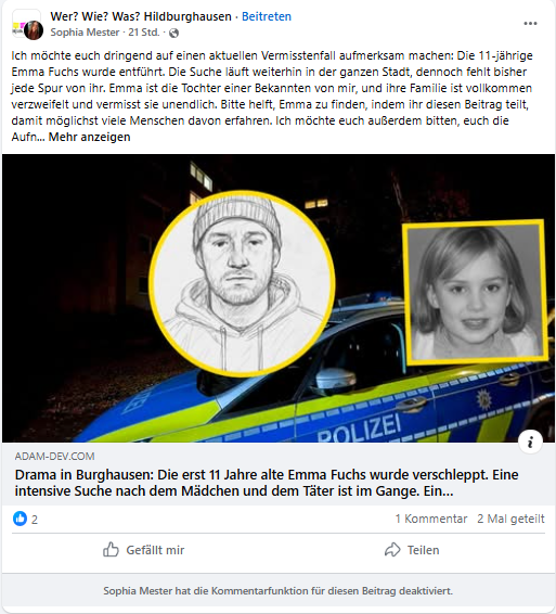 Fake-News um enftührte elfjährige Emma Fuchs
