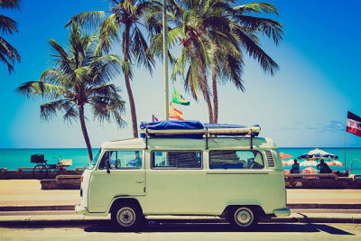 Reisebus fährt am Meer, im Hintergrund sind Palmen zu sehen 