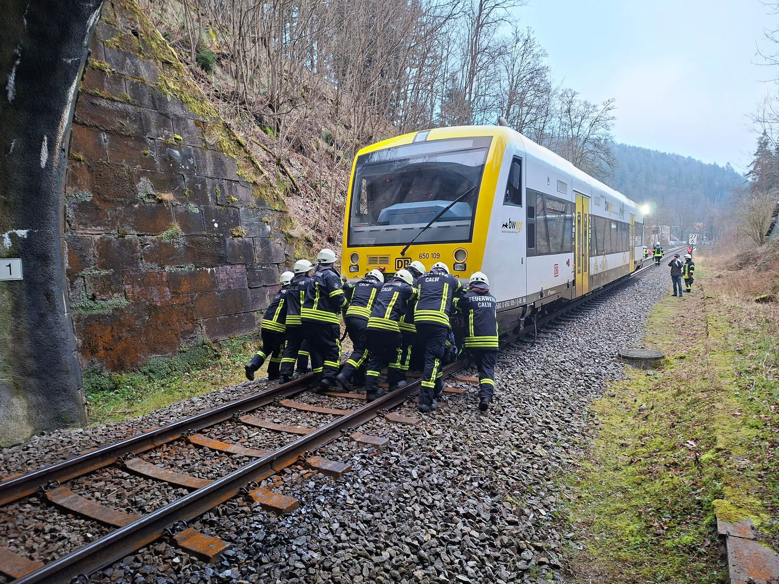 Einsatzkräfte der Feuerwehr schoben den Zug aus dem Tunnel hinaus.