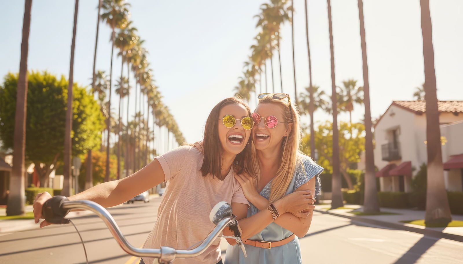 Mädels laufen mit Fahrrad und Sonnenbrillen auf über Straße in Kalifornien