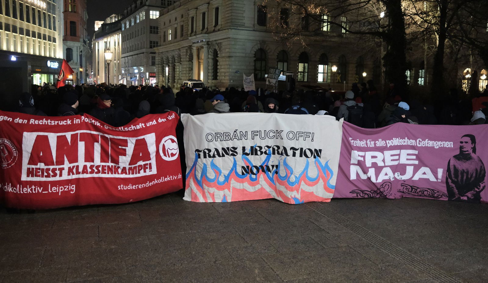 Linke Kundgebung im Stadtzentrum von Leipzig.