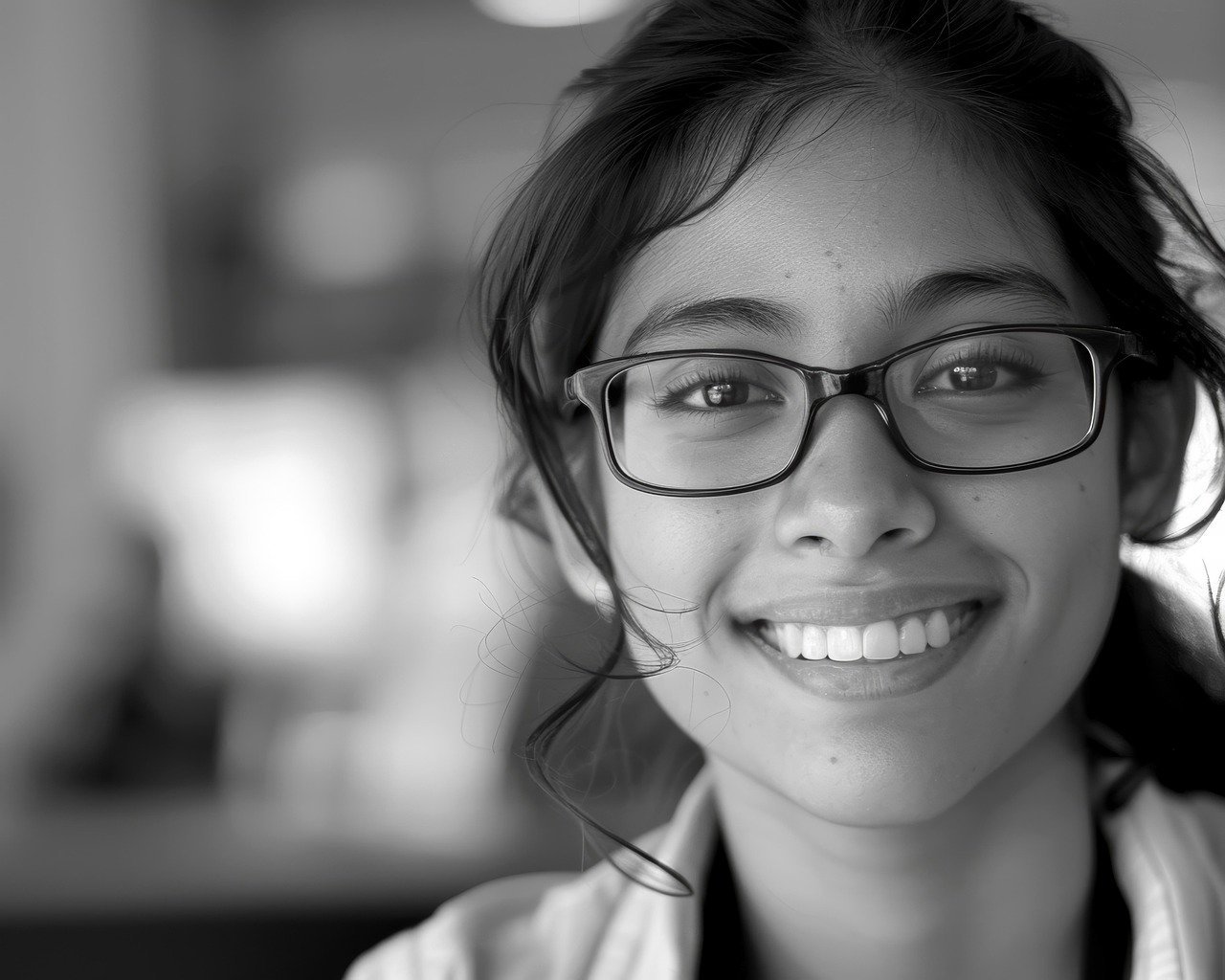 Mädchen in schwarz weiß mit Brille schaut in die Kamera