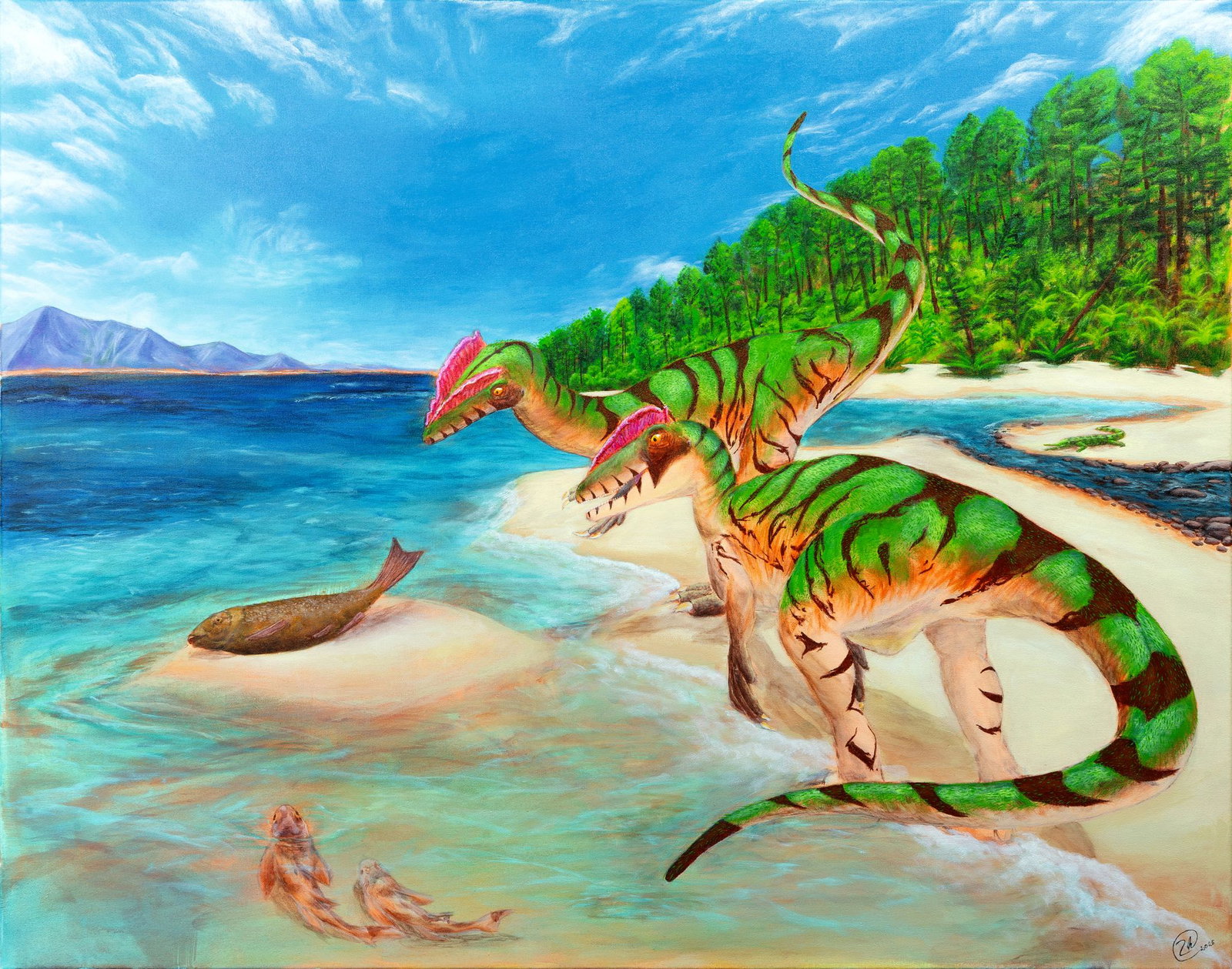 Lebendrekonstruktion des Raubsauriers Lophostropheus von dem Paläokünstler Karim Zanaty.