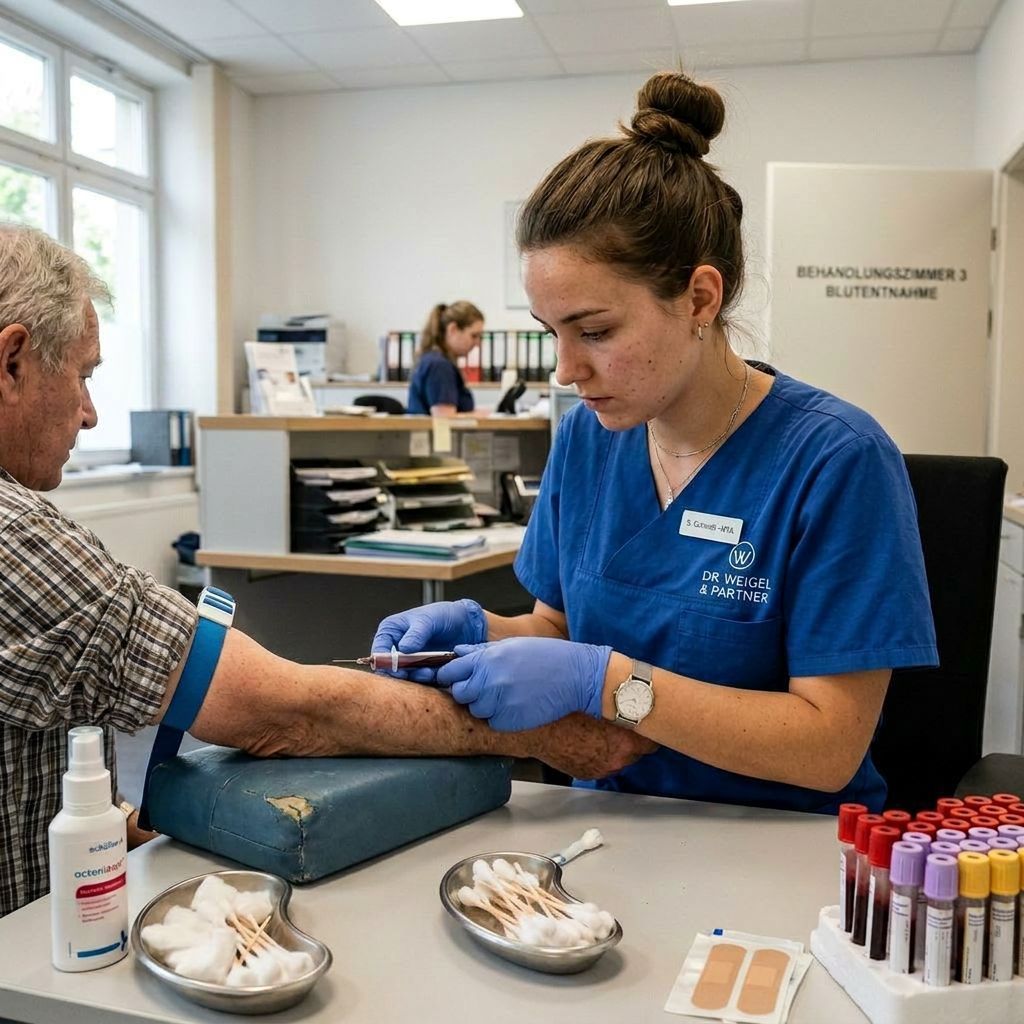 Medizinische Fachangestellte nimmt Blut eines Patienten ab