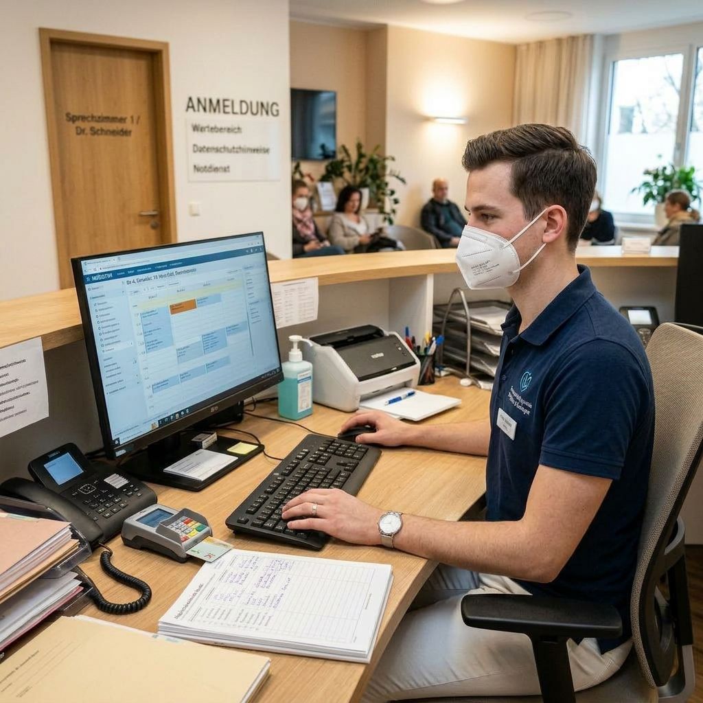 Medizinischer Fachangestellter sitzt am Empfang und arbeitet am Lapop