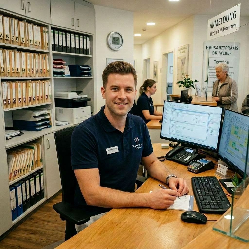 Medizinische Fachangestellter sitzt am Empfang und schaut in die Kamera