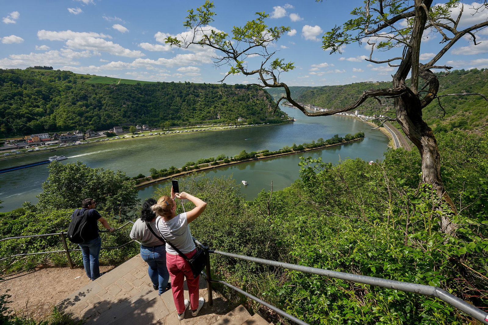 Spaziergänger genießen die Aussicht auf dem Loreleyplateau. Wandern gehört zu den beliebtesten Freizeitaktivitäten für Touristen in Rheinland-Pfalz. (Archivbild)