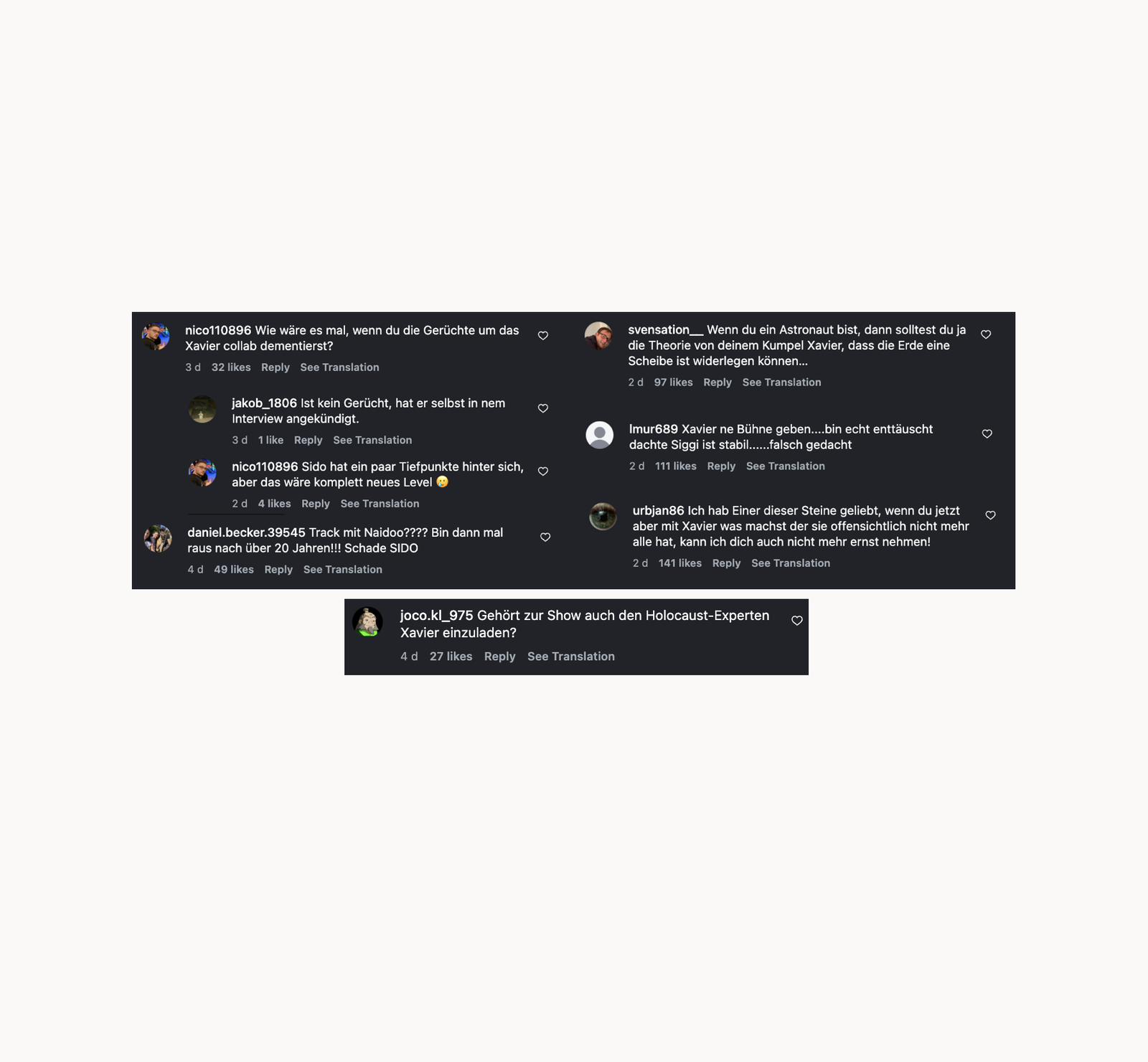 Sido - Kommentarfeld Instagram Xavier Naidoo