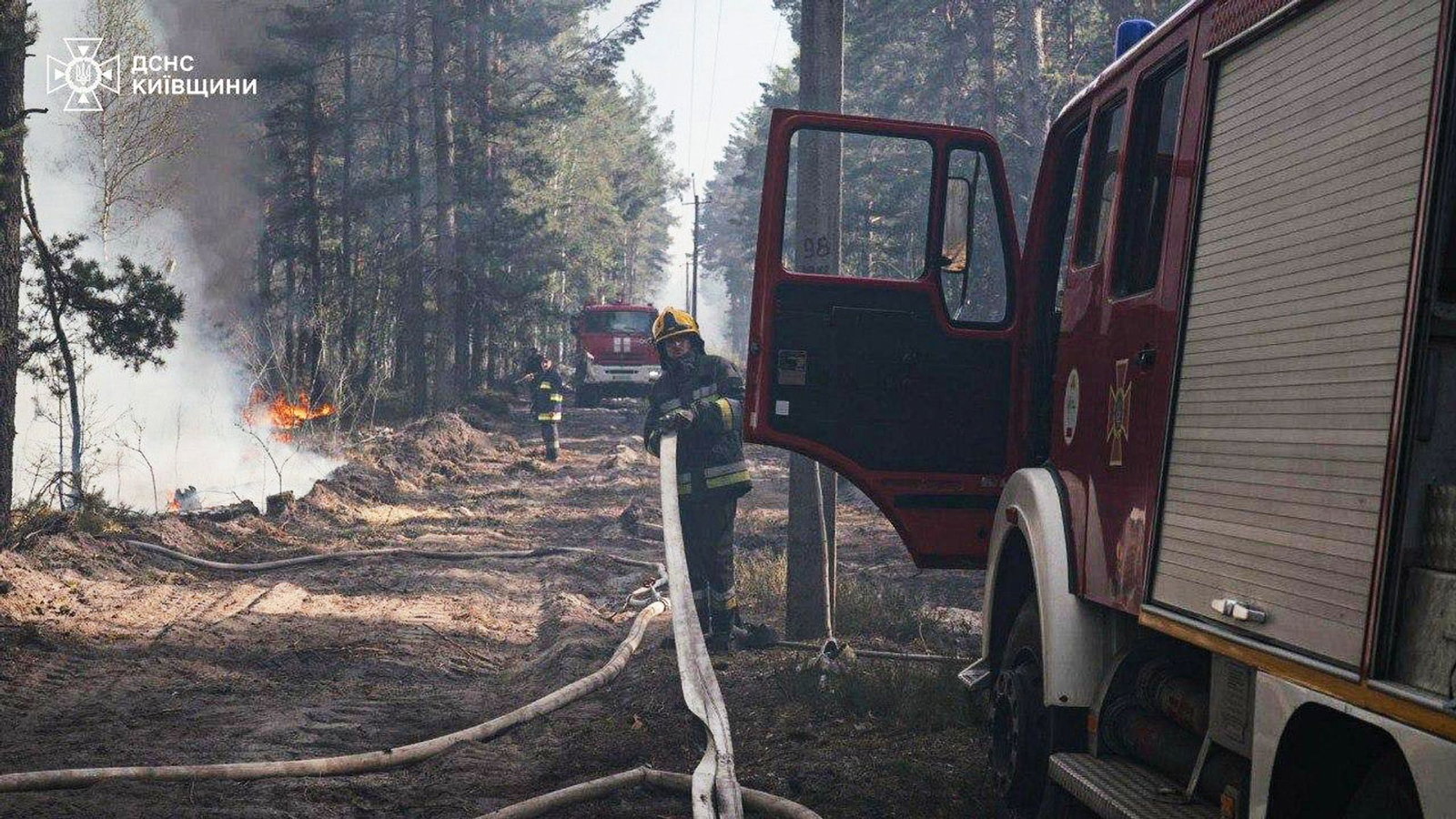 Ukrainische Feuerwehrleute löschen einen durch russischen Beschuss ausgelösten Waldbrand..