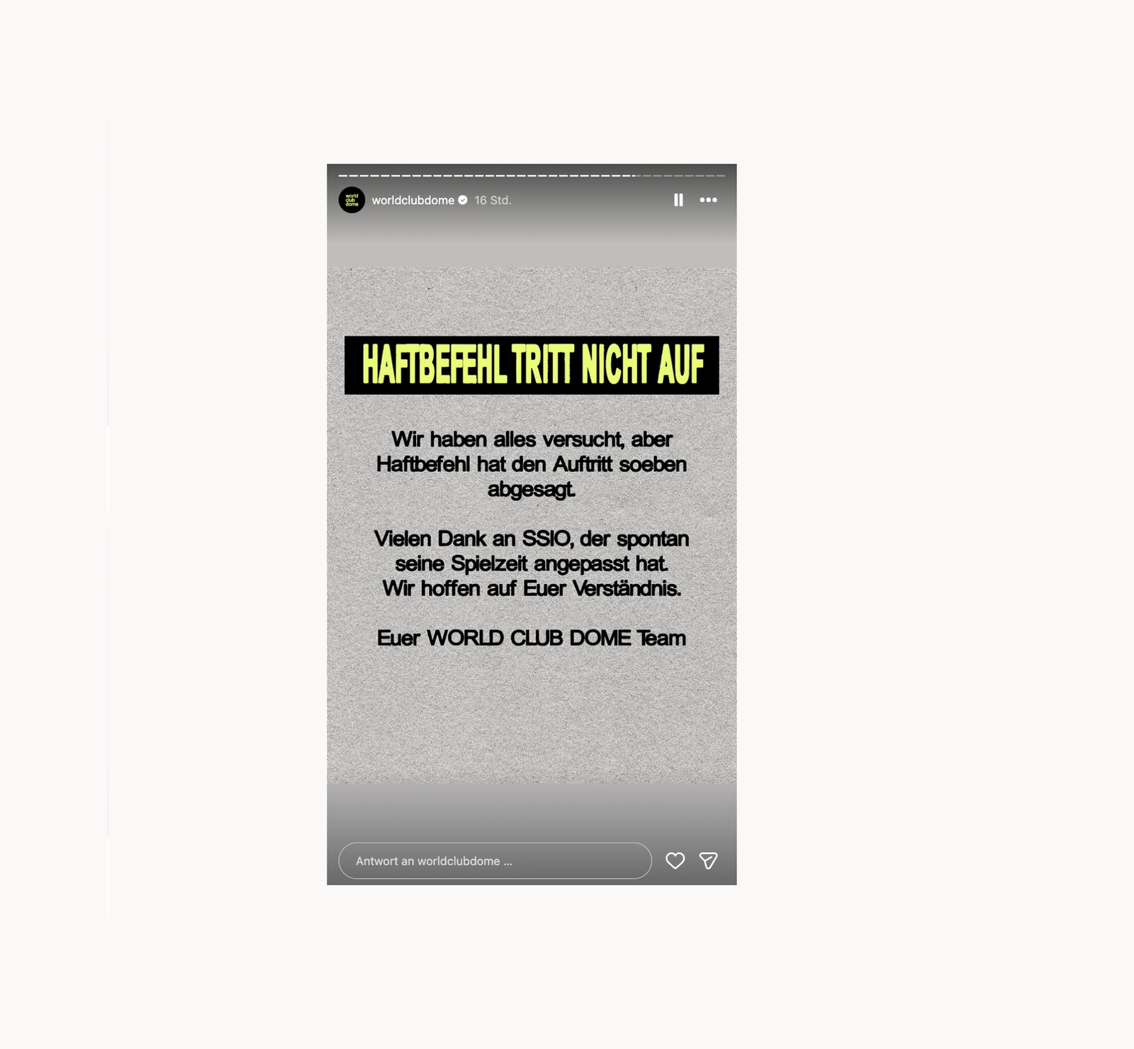 Absage Haftbefehl - WorldClubDome