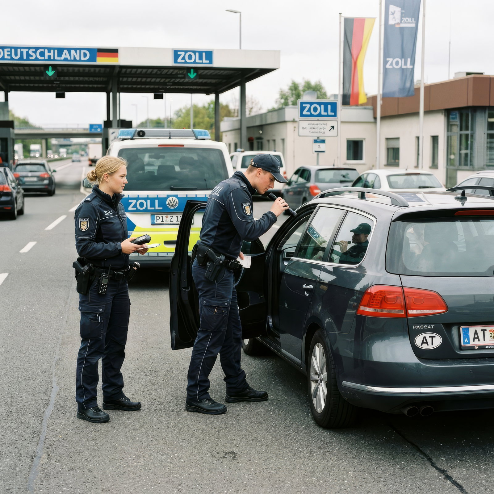 Zwei Zollbeamte an der deutschen Grenze kontrollieren ein Auto 