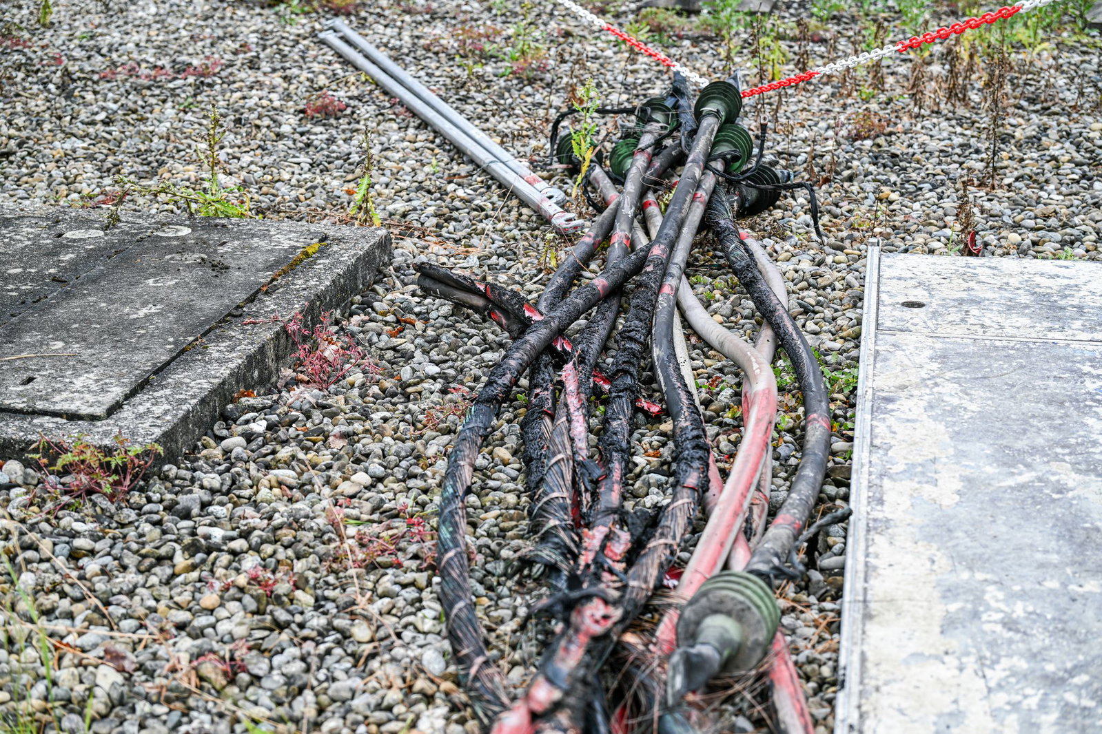 Verkokelte Kabel nach dem Brand in Reutlingen.